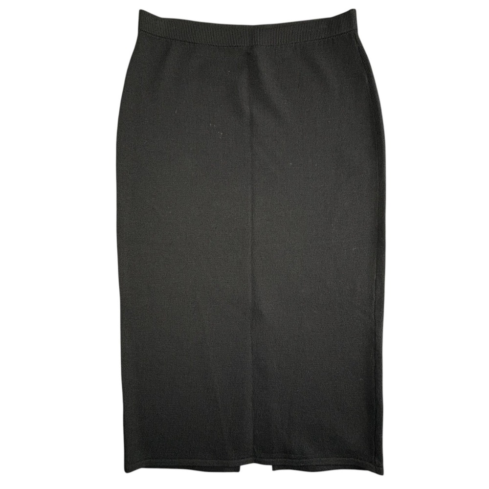 Vintage St John Santana Knit Midi Skirt Womens Size 12 Black Stretch Slit Flaw